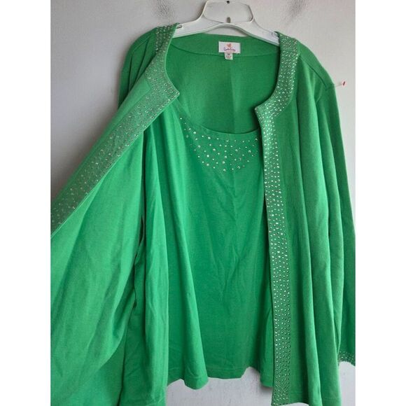 Quacker Factory Green w/Silver Stud Detail 100% Cotton 1 Piece Cardigan/Top 3X - Picture 3 of 6
